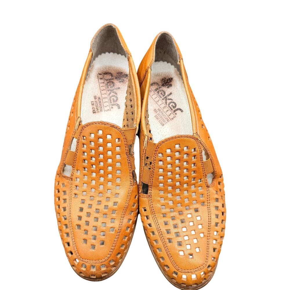 Rieker Leather Cutout Loafers Block Heel Cognac Brown Women’s 6.5 - Picture 12 of 13